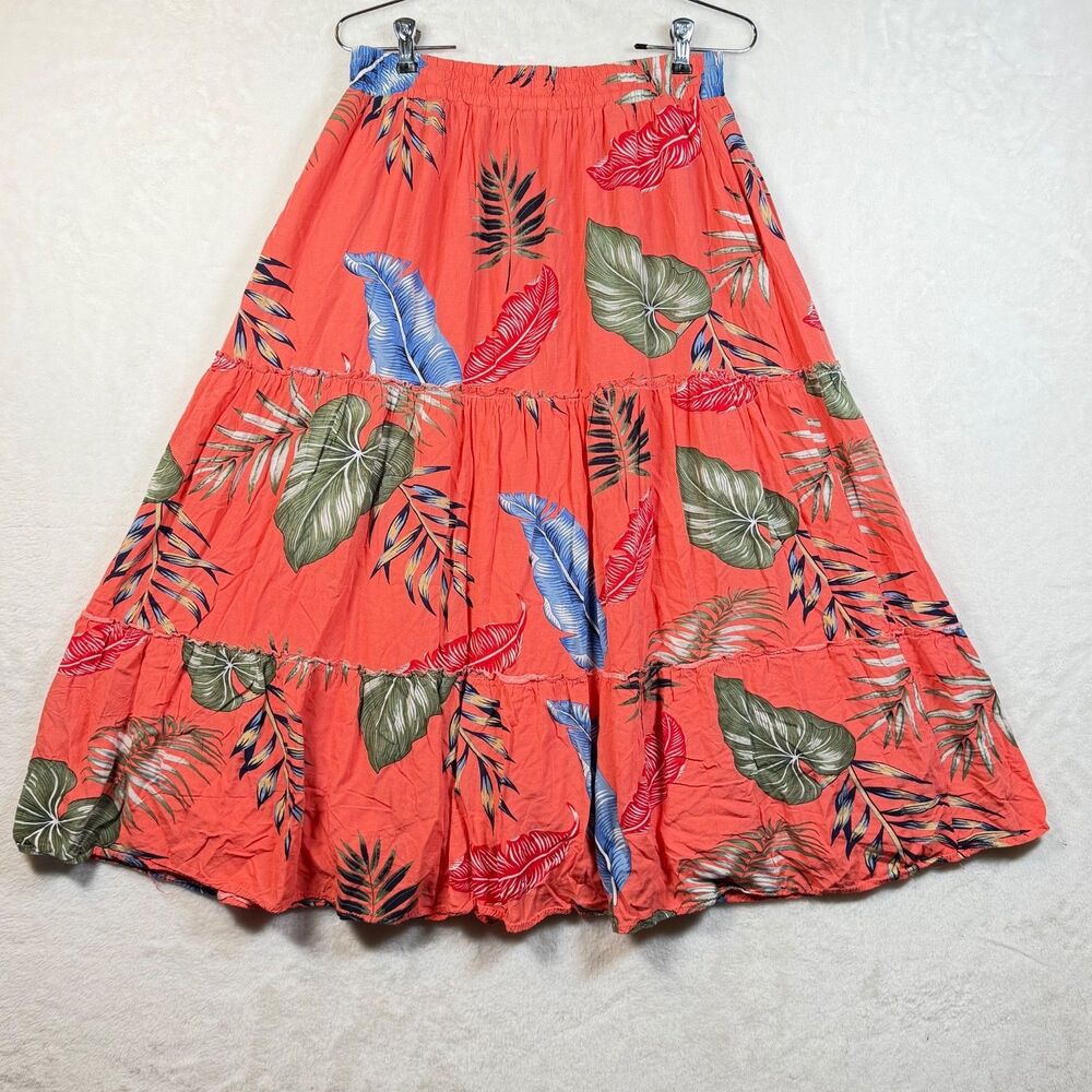 Women’s 2XL Orange Tropical Floral Tiered Maxi Skirt Elastic Waist Boho